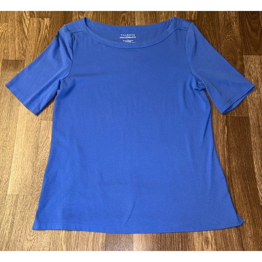 Talbots Stretch Weekend Tee Blue Boat Neck Short Sleeve Cotton Blend Top Large